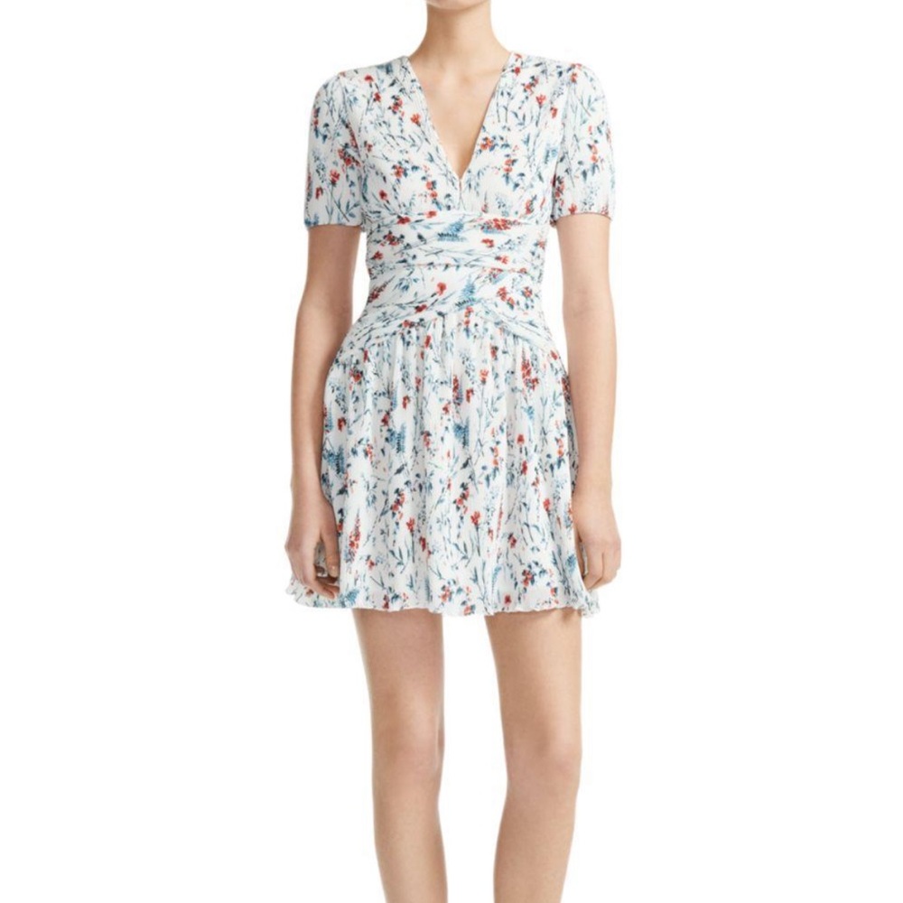 Maje White Floral Mini Dress with Blue and Red Accents